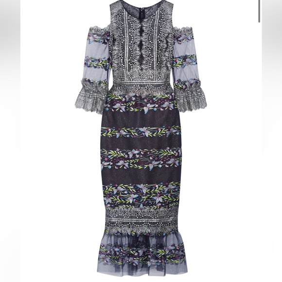 Marchesa Notte Cold-shoulder embroidered lace and tulle midi dress 12 NEW - Picture 6 of 12